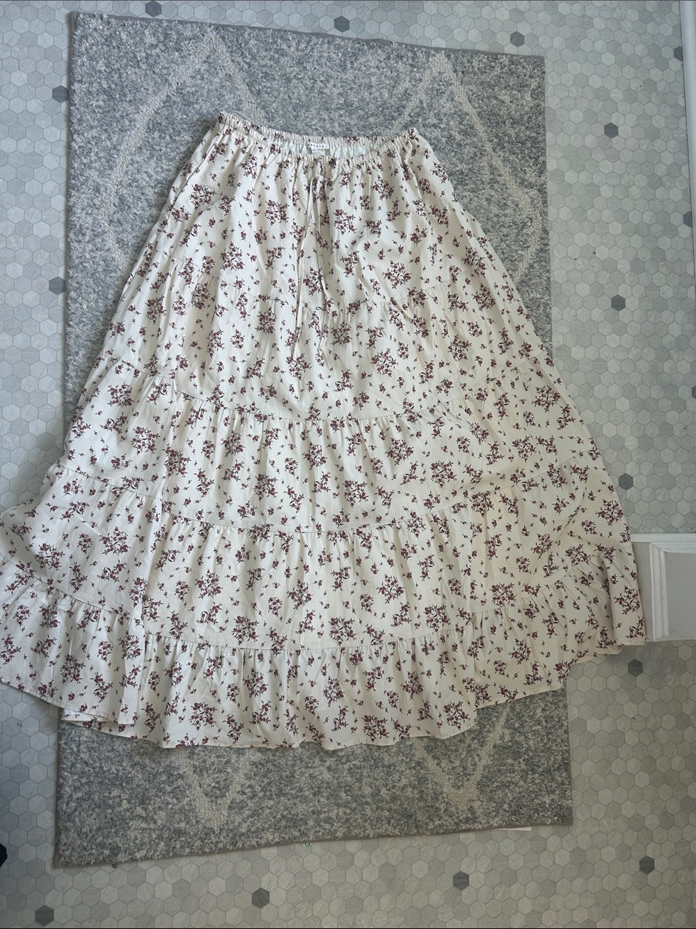 Cream Floral Tiered Maxi Skirt with Elastic Waist